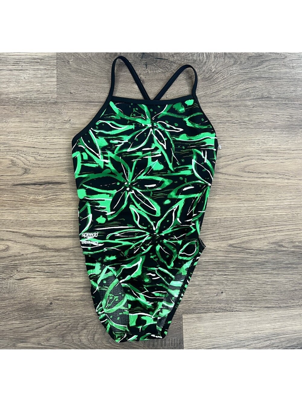 Speedo Endurance+ Green Black Floral Crossback One Piece Swimsuit Size 30